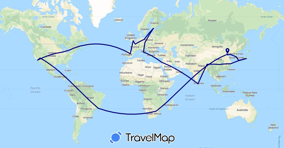 TravelMap itinerary: driving in Brazil, Canada, China, Czech Republic, Germany, Spain, Finland, France, United Kingdom, Greece, Israel, Italy, Japan, South Korea, Sri Lanka, United States, South Africa (Africa, Asia, Europe, North America, South America)